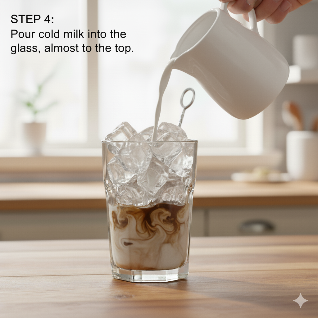  showing the pouring of coffee concentrate over milk and ice cubes as part of the easy Cold Coffee Karachi Recipe using an instant mix