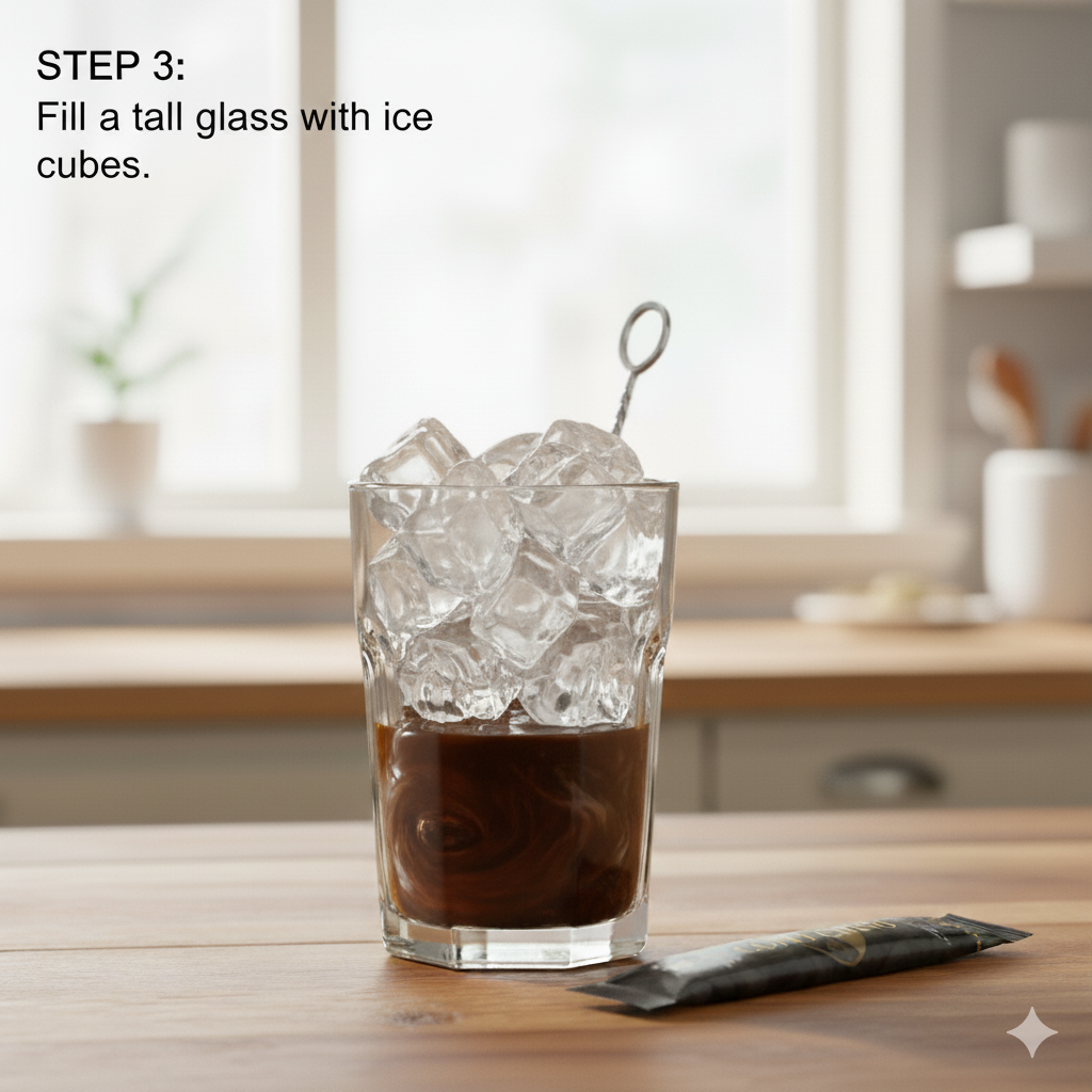 Popular Cold Coffee Spots Karachi: A finished, layered cold coffee drink next to a "Coffi Chino" sachet, 